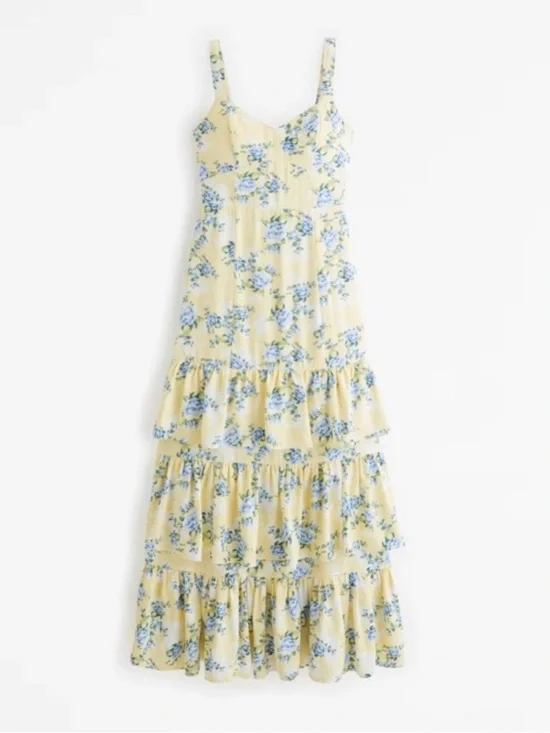 Abercrombie & Fitch Drama Ruffle Tiered Gown Pastel Yellow Floral - Picture 2 of 8